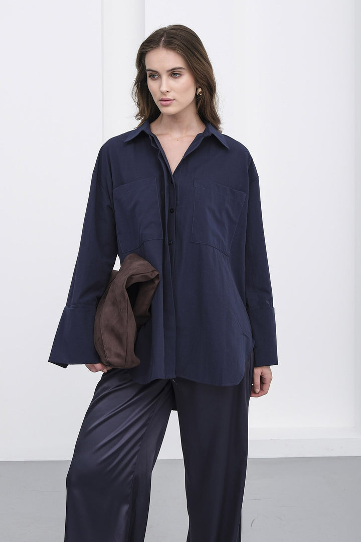 Lacivert Çift Cepli Oversize Basic Gömlek - Huizen
