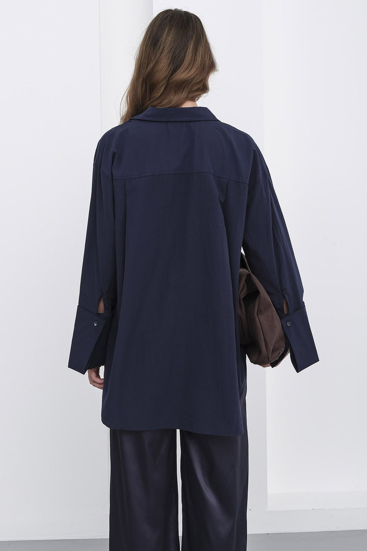 Lacivert Çift Cepli Oversize Basic Gömlek - Huizen