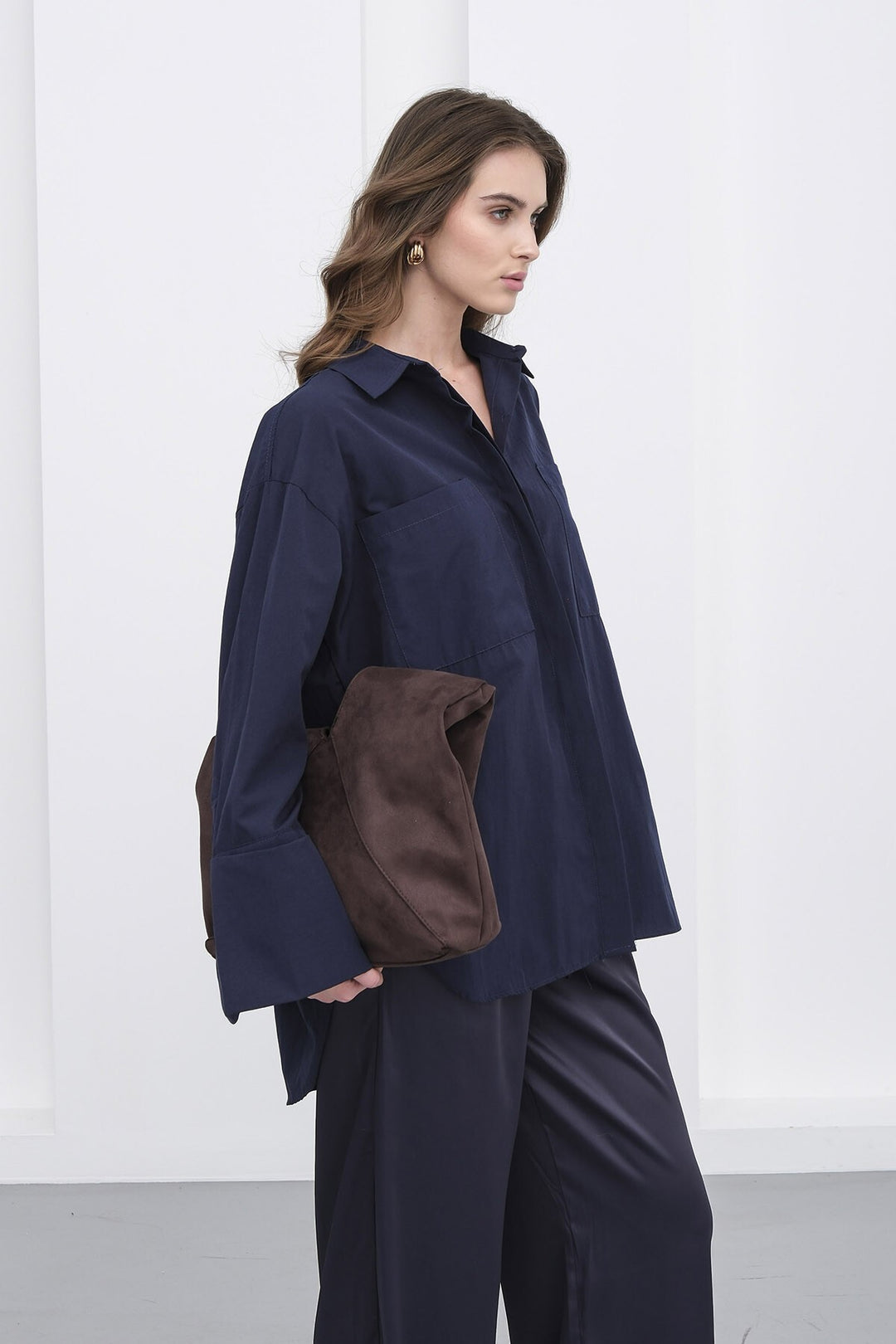 Lacivert Çift Cepli Oversize Basic Gömlek - Huizen