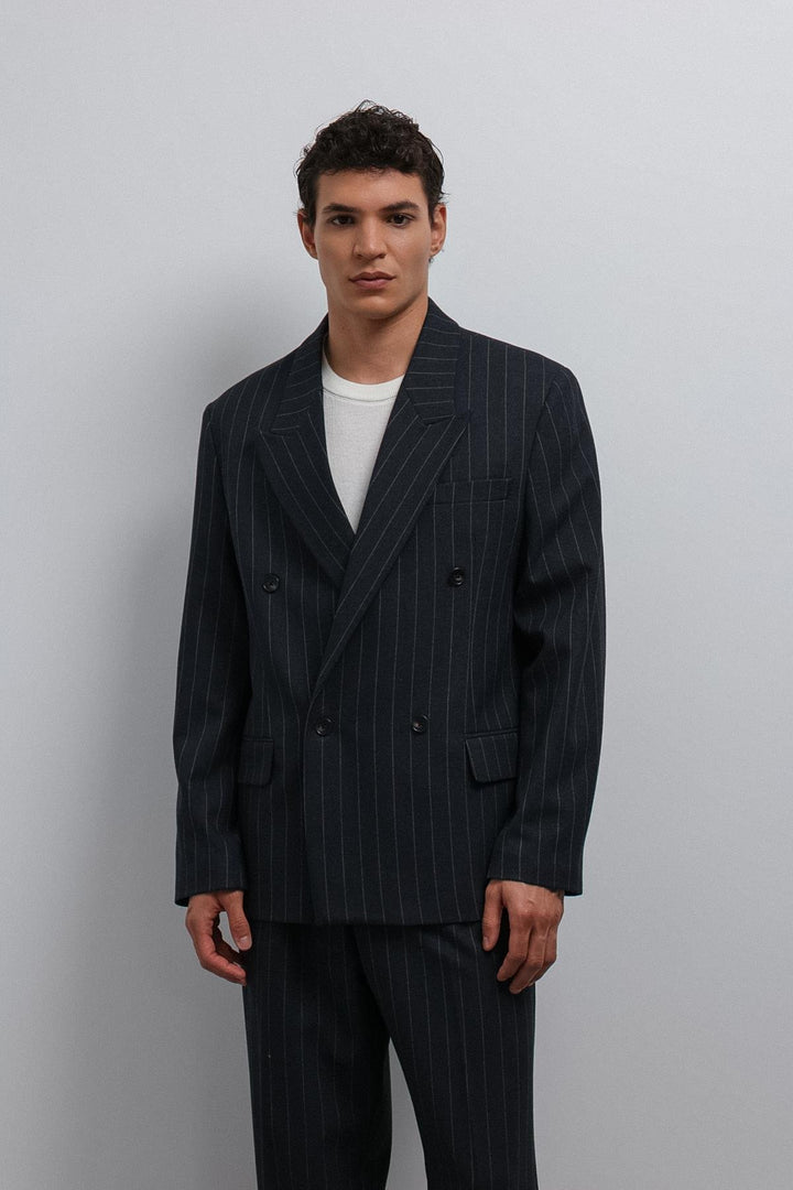 ANT Antioch Navy Striped Double-Breasted Men's Blazer Jacket - Erkrath