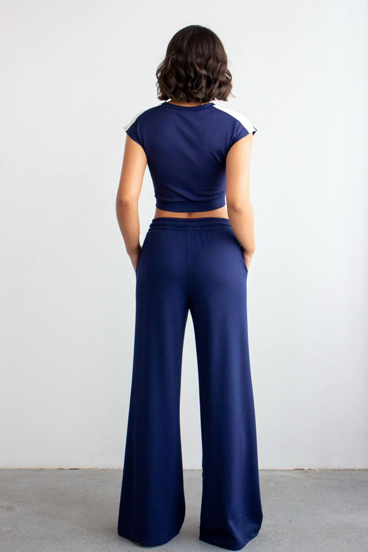 Lacivert Çizgili Modal Kumaş Crop Alt Üst Takım - Linz