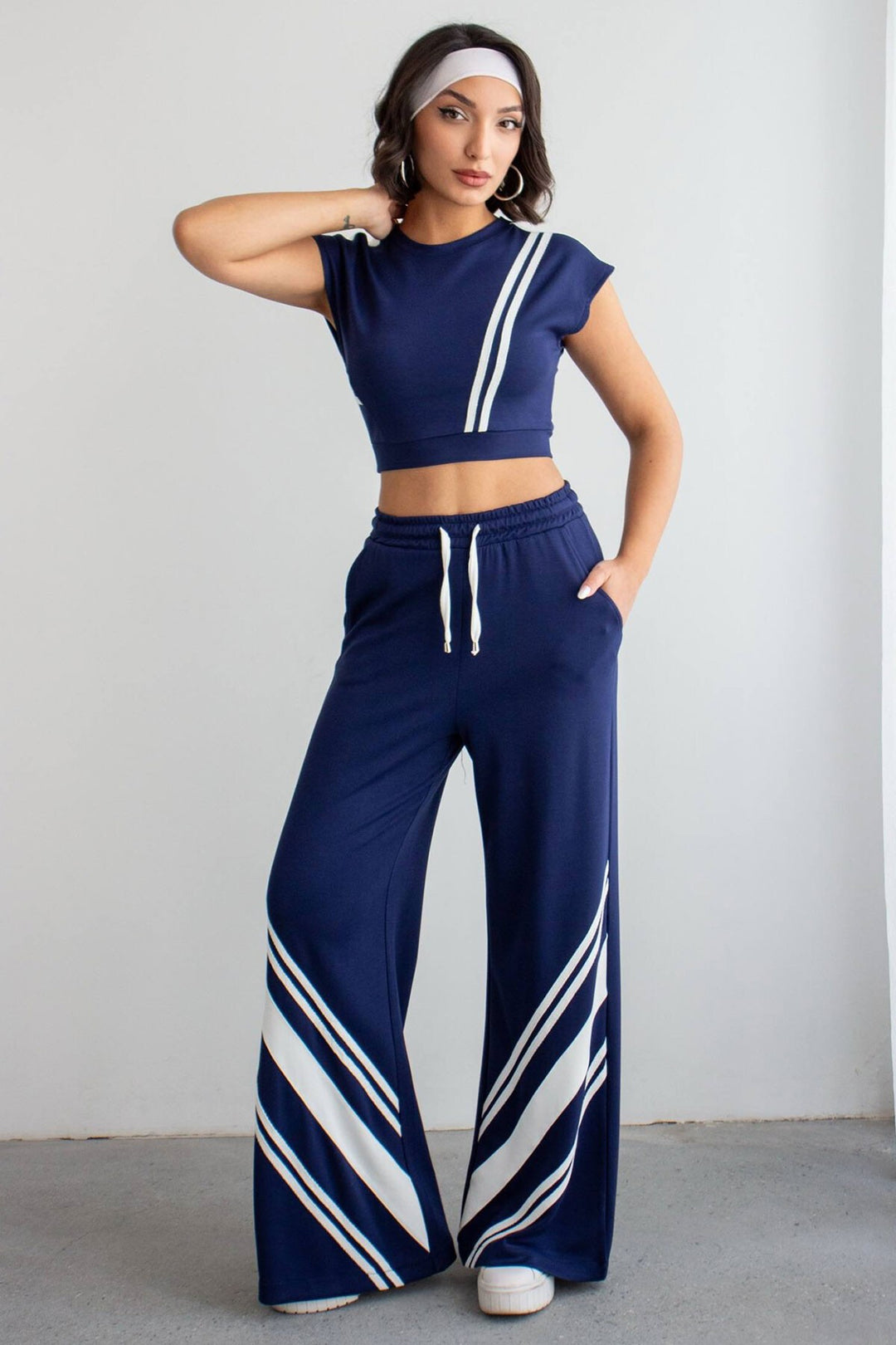 Lacivert Çizgili Modal Kumaş Crop Alt Üst Takım - Linz