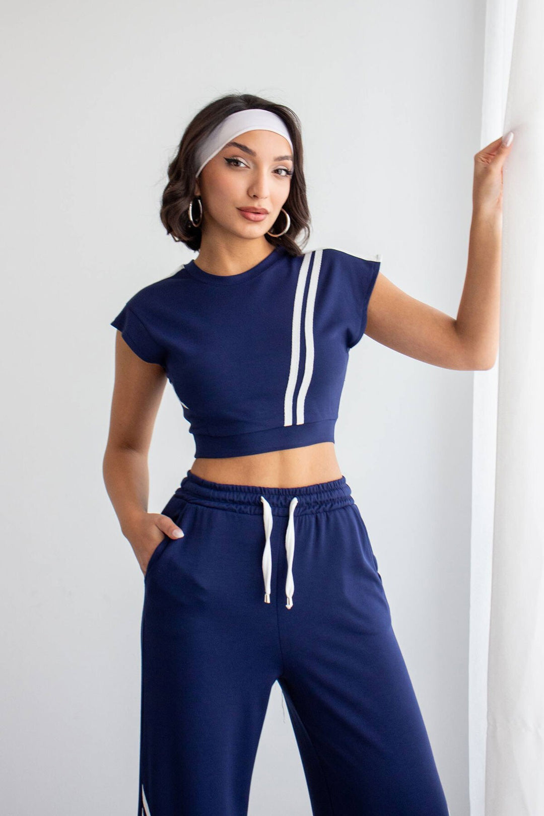 Lacivert Çizgili Modal Kumaş Crop Alt Üst Takım - Linz