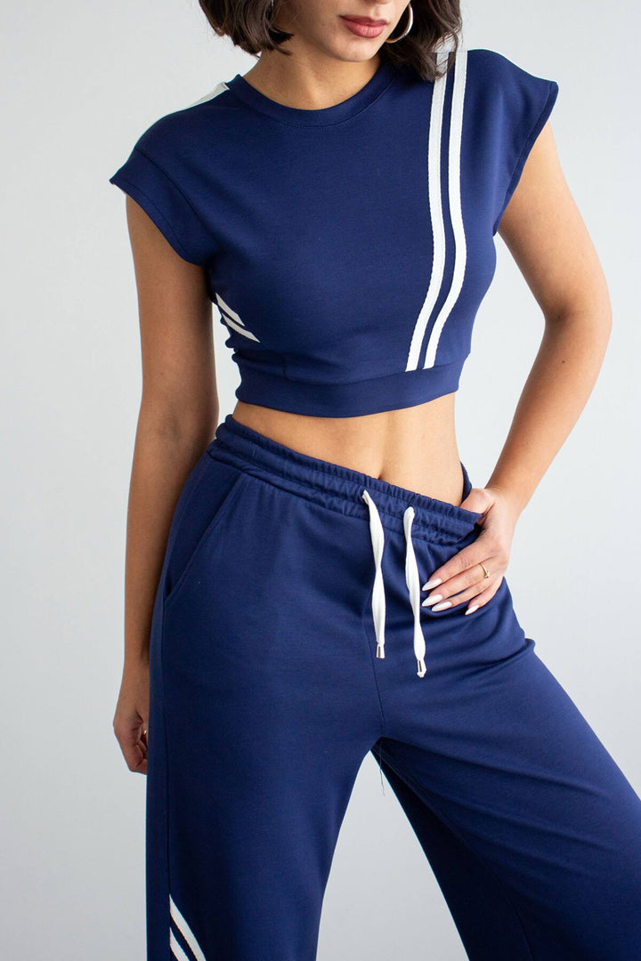 Lacivert Çizgili Modal Kumaş Crop Alt Üst Takım - Linz