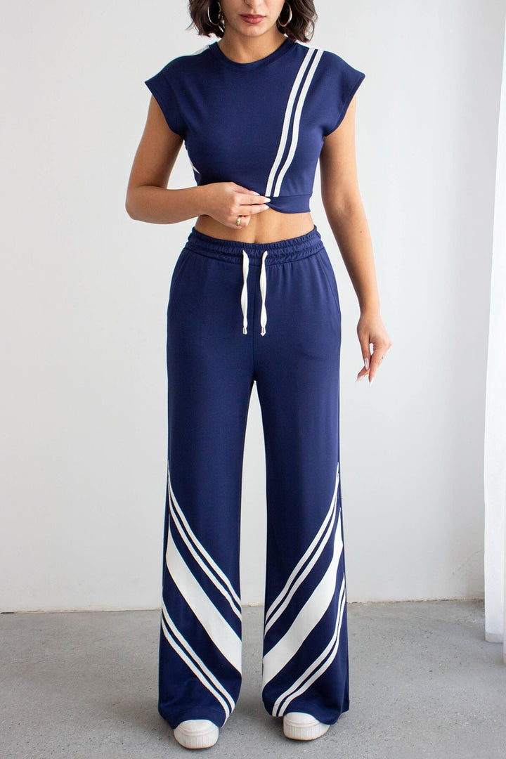 Lacivert Çizgili Modal Kumaş Crop Alt Üst Takım - Linz