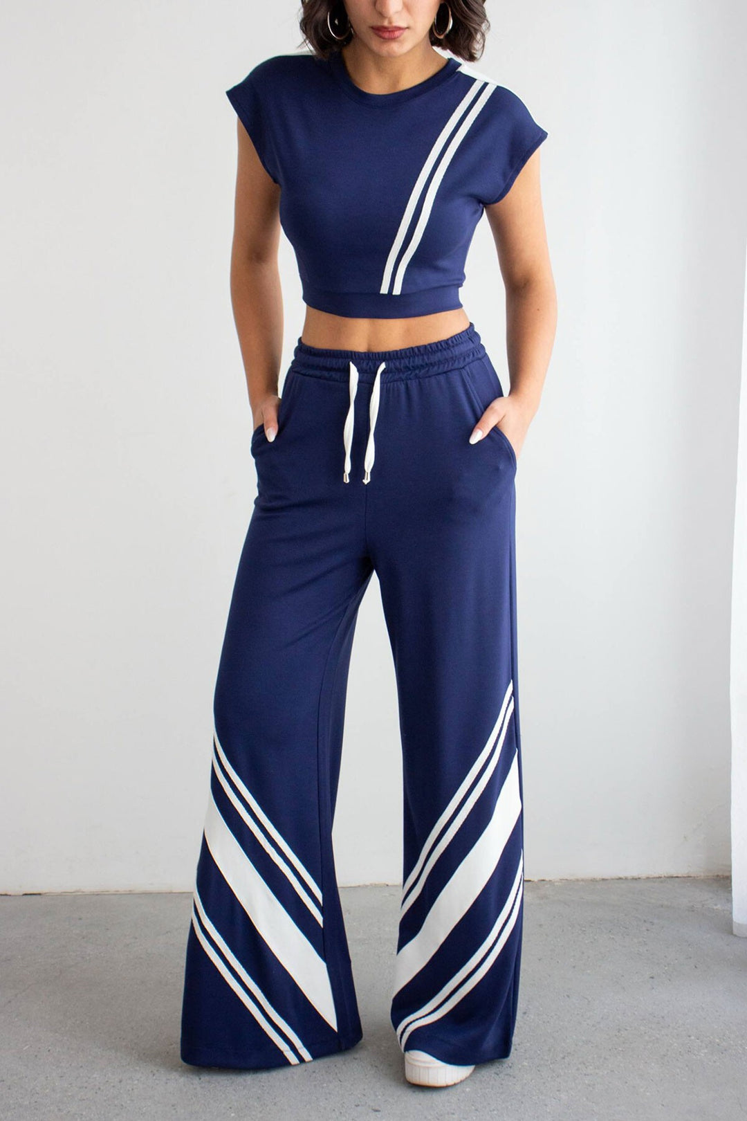 Lacivert Çizgili Modal Kumaş Crop Alt Üst Takım - Linz