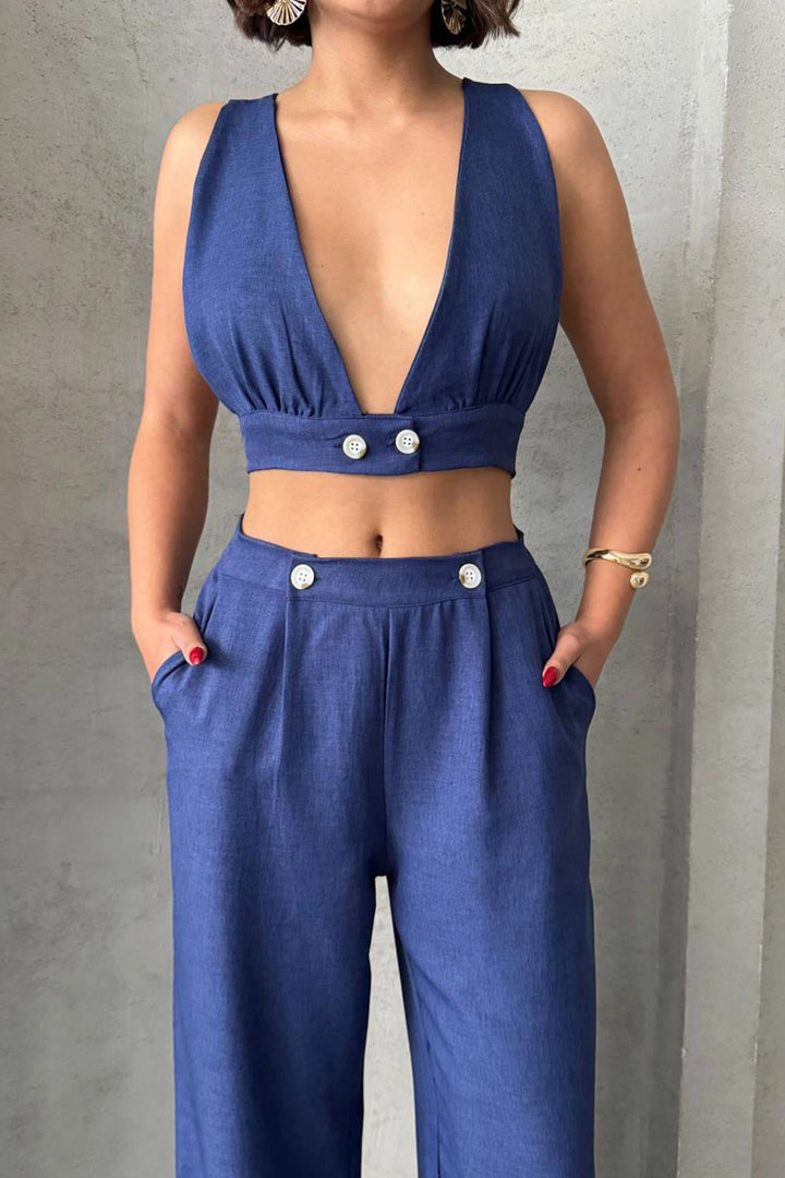Navy Blue Decollete Crop Top and Pants Linen Woven Set BCHN-25255012 - Stonecrest
