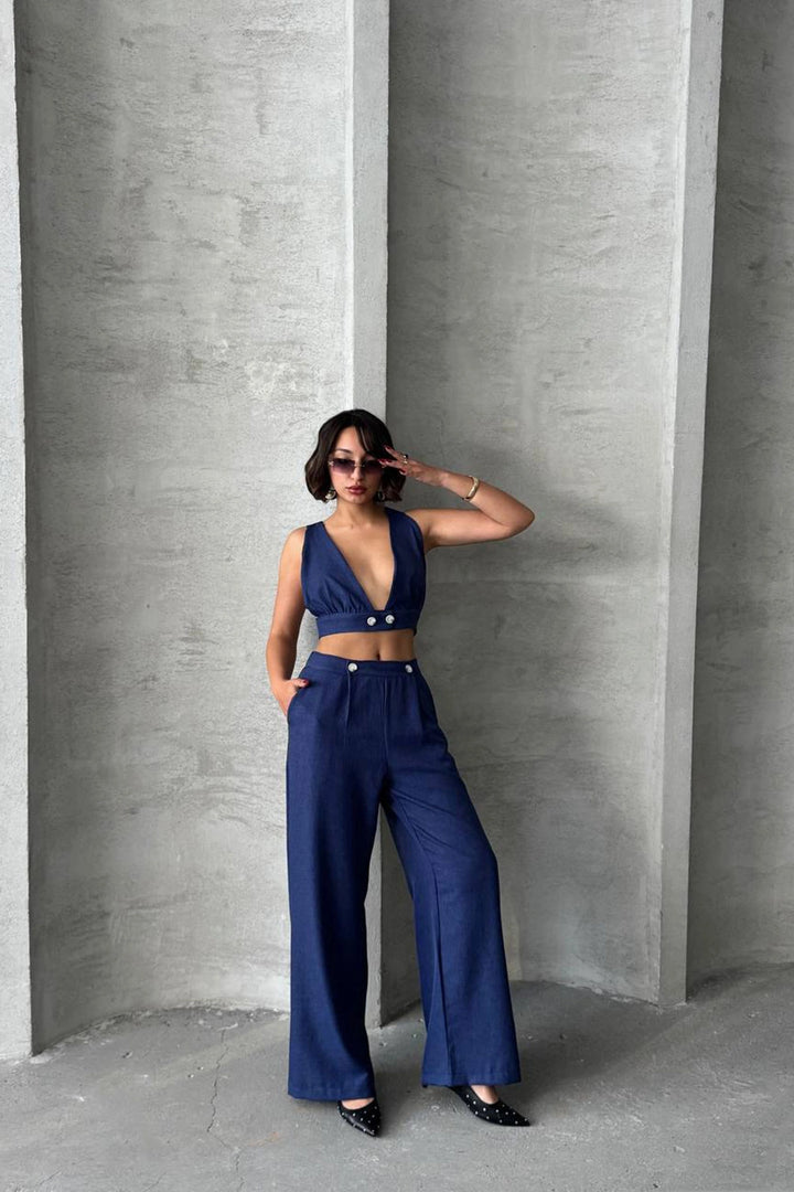 Navy Blue Decollete Crop Top and Pants Linen Woven Set BCHN-25255012 - Stonecrest