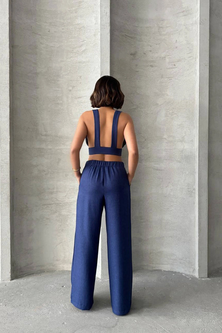 Navy Blue Decollete Crop Top and Pants Linen Woven Set BCHN-25255012 - Stonecrest