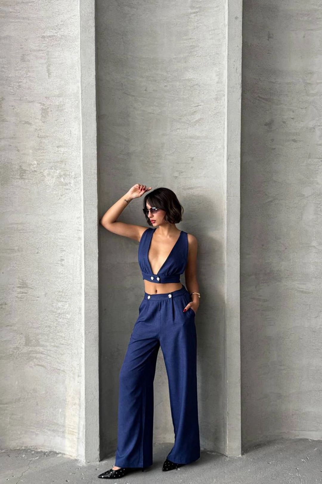 Navy Blue Decollete Crop Top and Pants Linen Woven Set BCHN-25255012 - Stonecrest