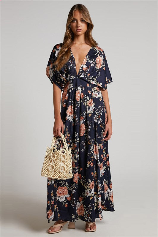 MDX Navy Blue Patterned Slit Detail Long Dress MG1698 - Joué-lés-Tours