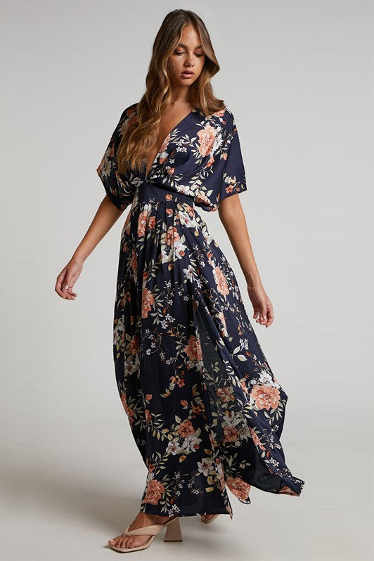 MDX Navy Blue Patterned Slit Detail Long Dress MG1698 - Joué-lés-Tours