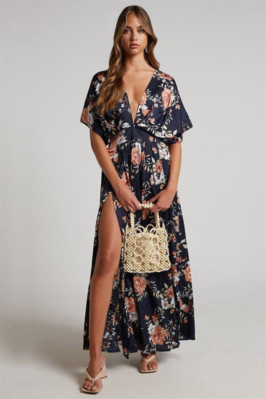 MDX Navy Blue Patterned Slit Detail Long Dress MG1698 - Joué-lés-Tours