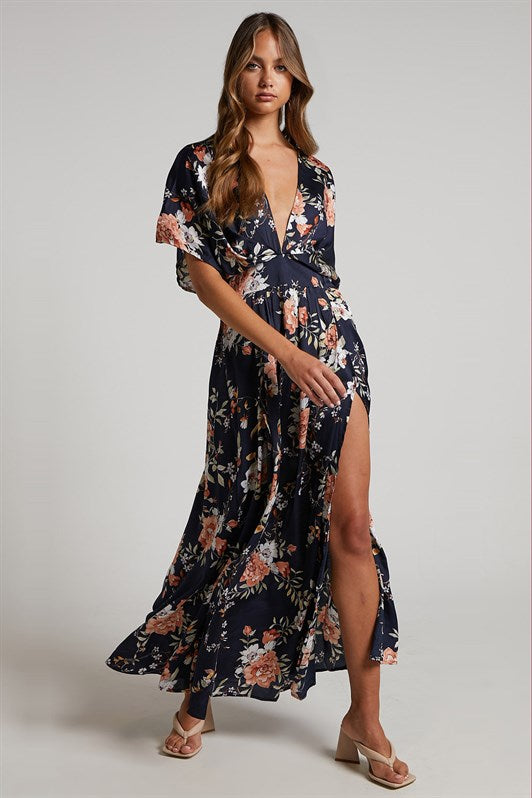 MDX Navy Blue Patterned Slit Detail Long Dress MG1698 - Joué-lés-Tours