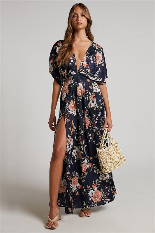 MDX Navy Blue Patterned Slit Detail Long Dress MG1698 - Joué-lés-Tours