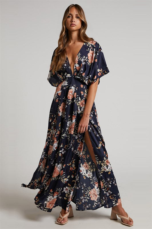 MDX Navy Blue Patterned Slit Detail Long Dress MG1698 - Joué-lés-Tours