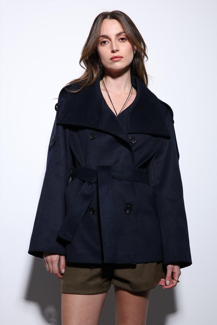 ANT Antioch Navy Blue Shawl Collar Wrap Women's Coat - Aveiro