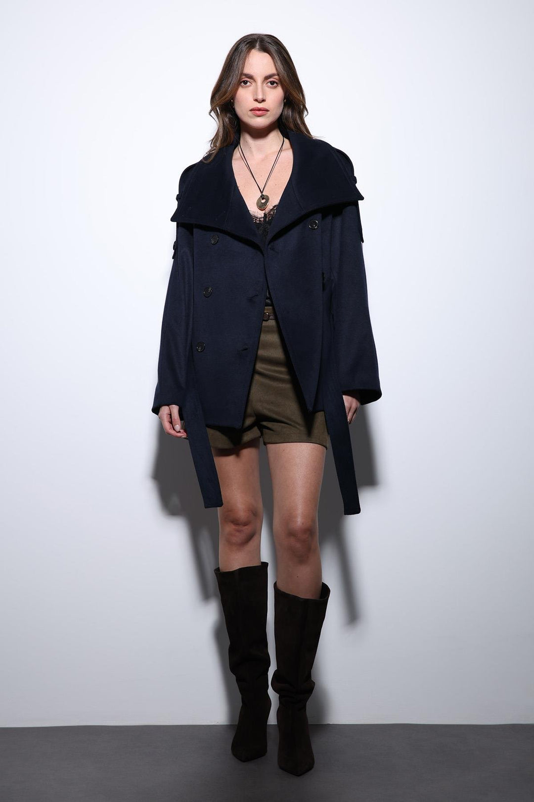 ANT Antioch Navy Blue Shawl Collar Wrap Women's Coat - Aveiro