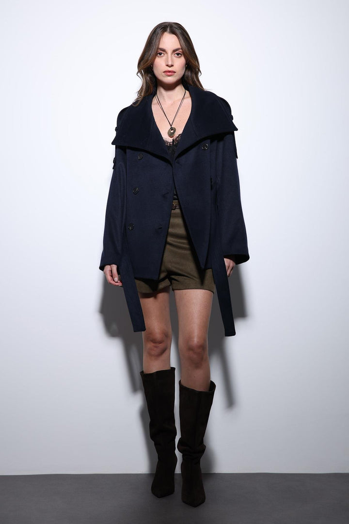ANT Antioch Navy Blue Shawl Collar Wrap Women's Coat - Aveiro