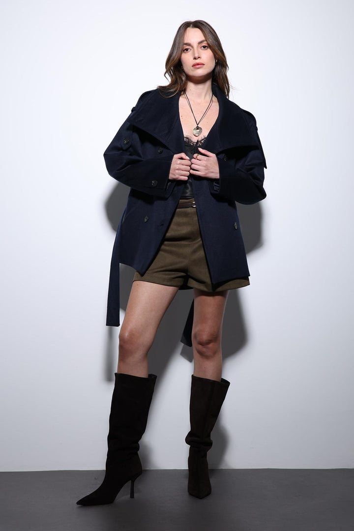 ANT Antioch Navy Blue Shawl Collar Wrap Women's Coat - Aveiro