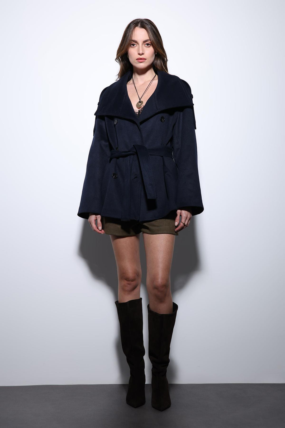 ANT Antioch Navy Blue Shawl Collar Wrap Women's Coat - Aveiro