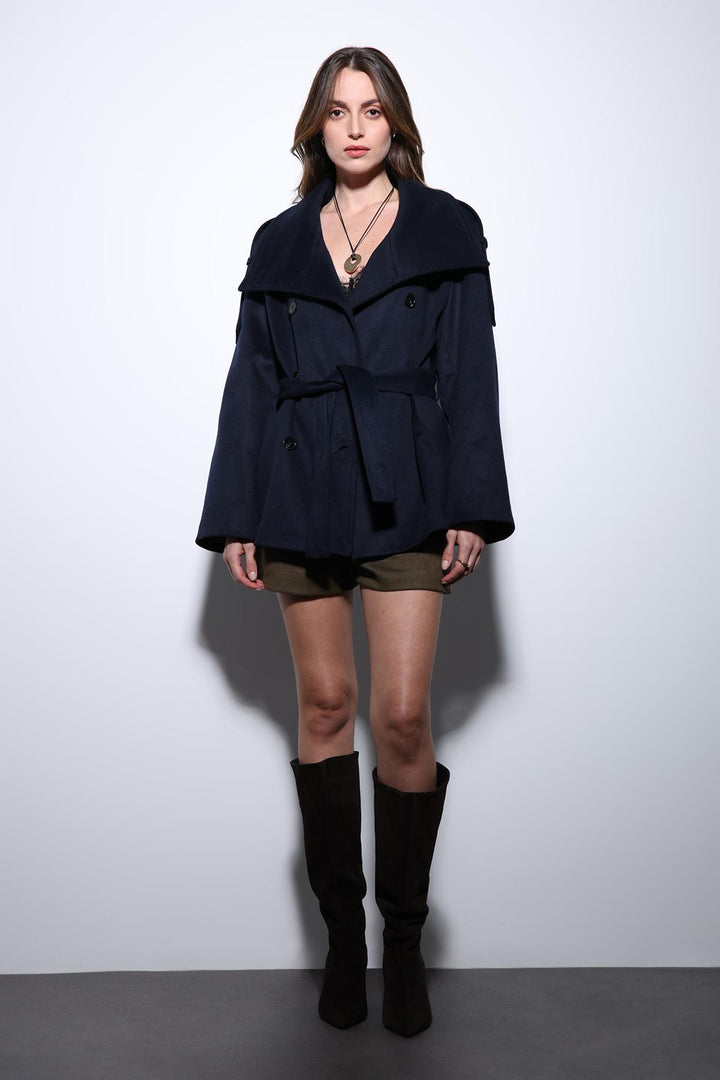 ANT Antioch Navy Blue Shawl Collar Wrap Women's Coat - Aveiro