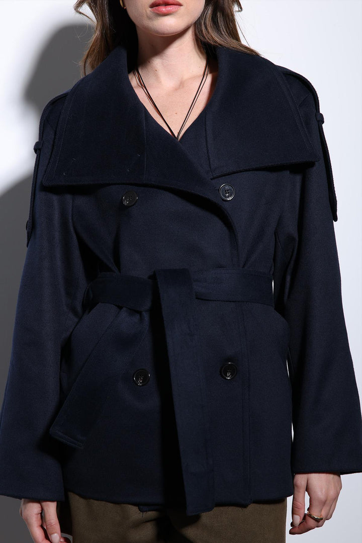 ANT Antioch Navy Blue Shawl Collar Wrap Women's Coat - Aveiro