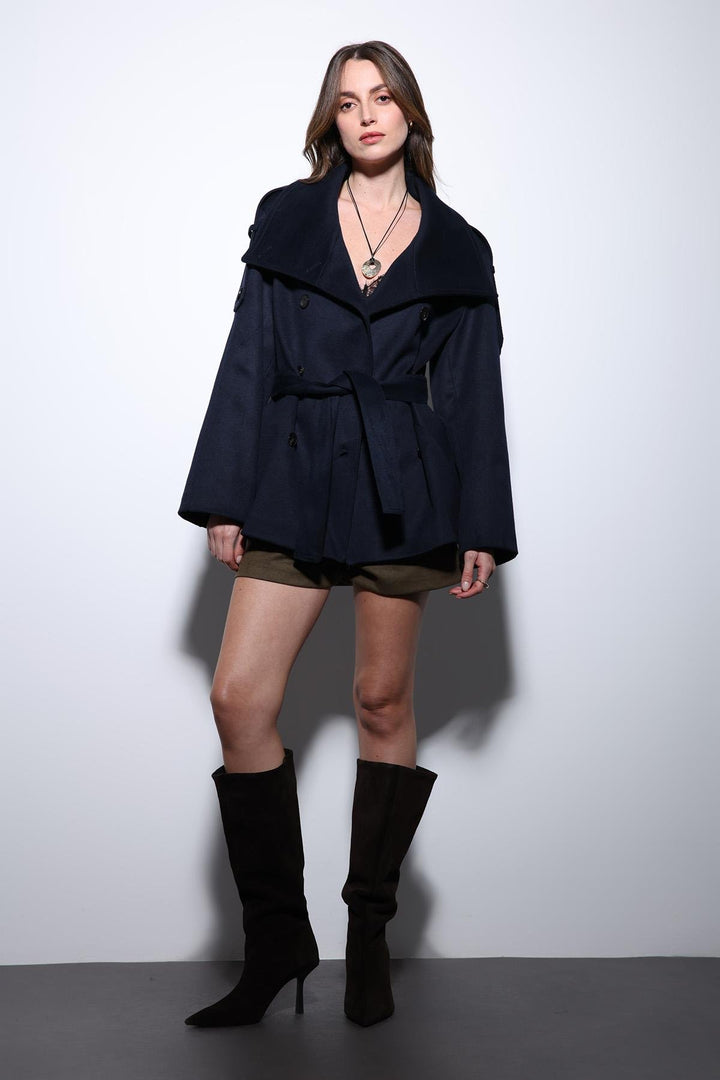 ANT Antioch Navy Blue Shawl Collar Wrap Women's Coat - Aveiro