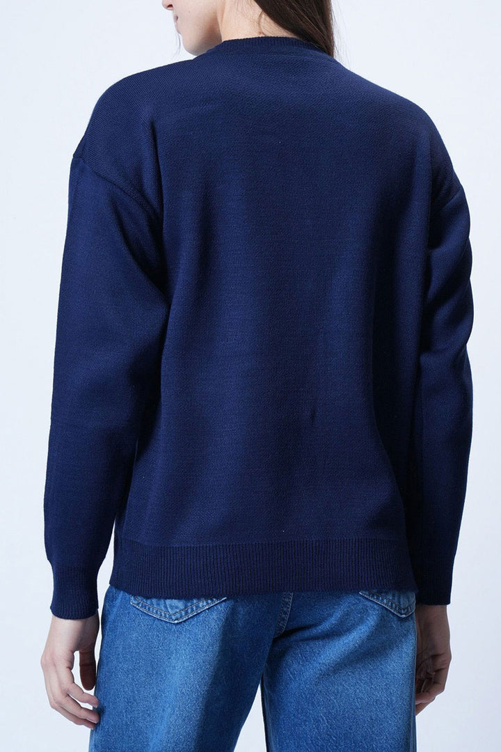 Navy Blue Buttoned Heart Embroidered Winter Cardigan BCVL-25T2364 - Tyler