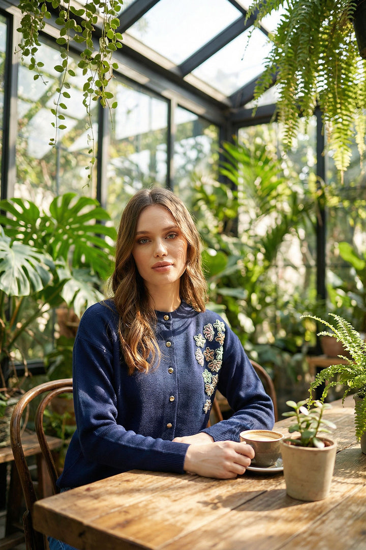Navy Blue Buttoned Heart Embroidered Winter Cardigan BCVL-25T2364 - Tyler