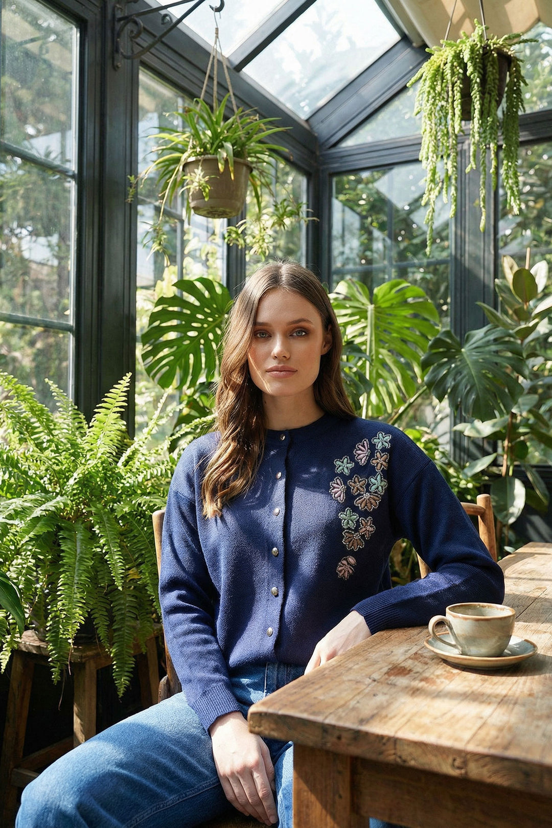 Navy Blue Buttoned Heart Embroidered Winter Cardigan BCVL-25T2364 - Tyler