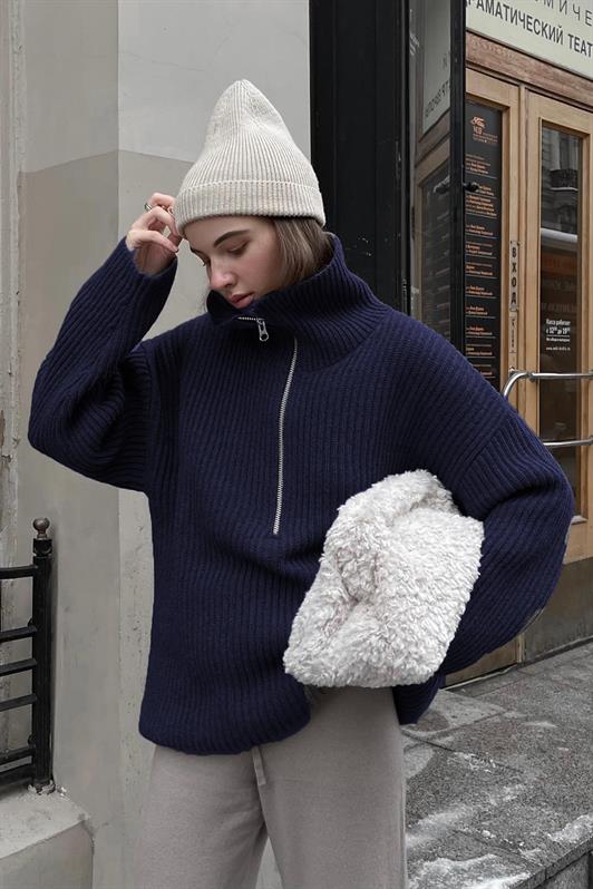 MDX Navy Blue Zip Neck Oversized Sweater MG1946 - Aloha