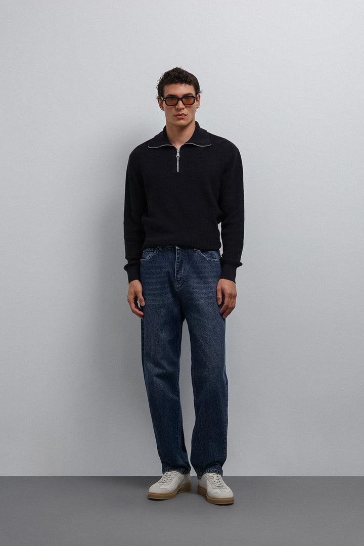 ANT Antioch Navy Blue Zippered Knit Men's Sweater - Saarlouis