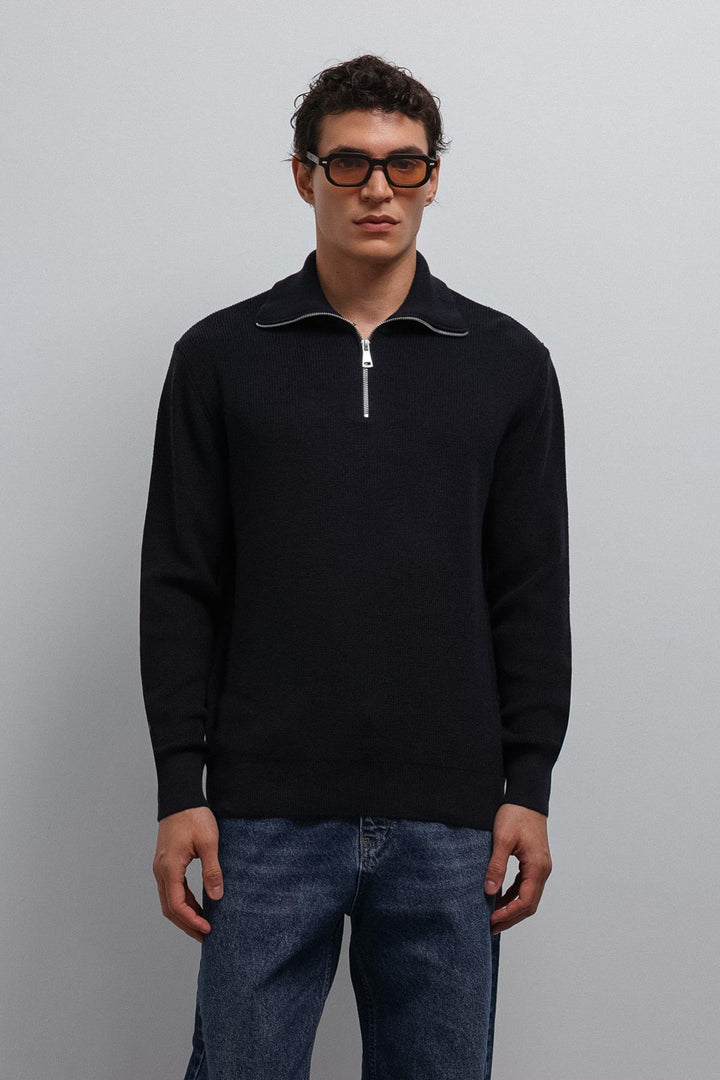 ANT Antioch Navy Blue Zippered Knit Men's Sweater - Saarlouis