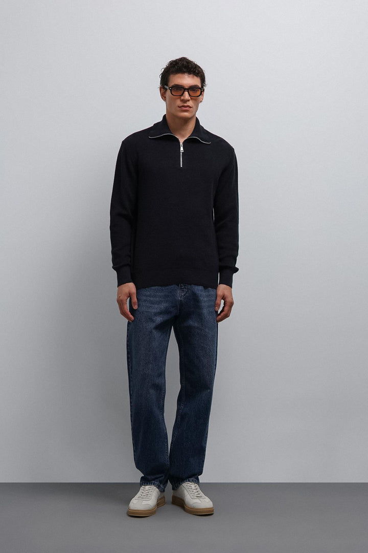 ANT Antioch Navy Blue Zippered Knit Men's Sweater - Saarlouis