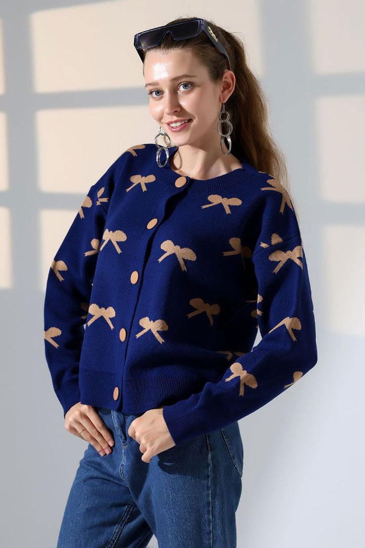 Navy Blue Bow Patterned Buttoned Cardigan BCES-252044 - Galaţi