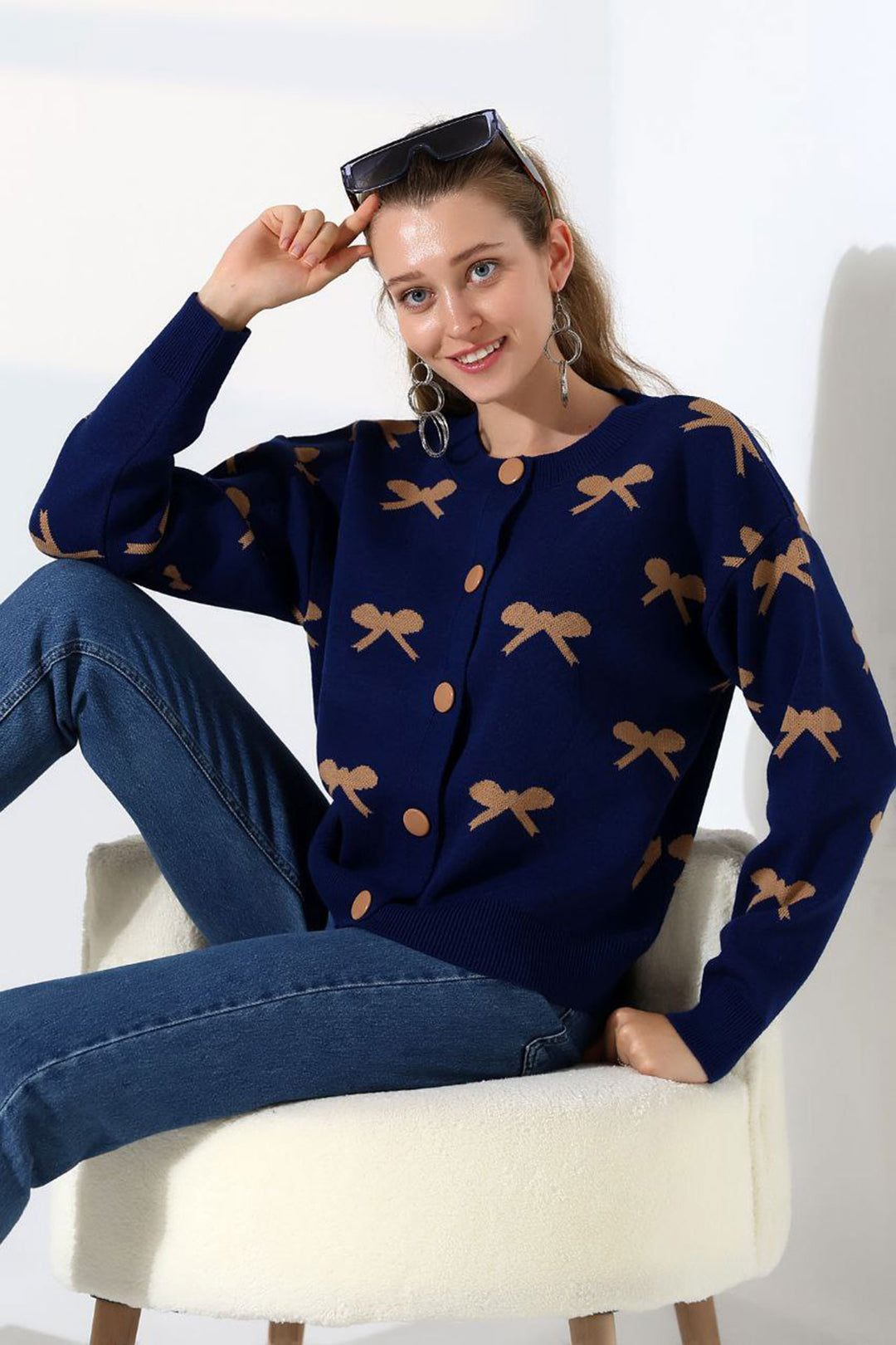 Navy Blue Bow Patterned Buttoned Cardigan BCES-252044 - Galaţi
