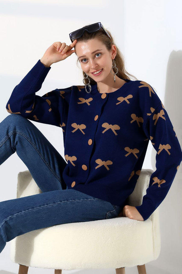 Navy Blue Bow Patterned Buttoned Cardigan BCES-252044 - Galaţi
