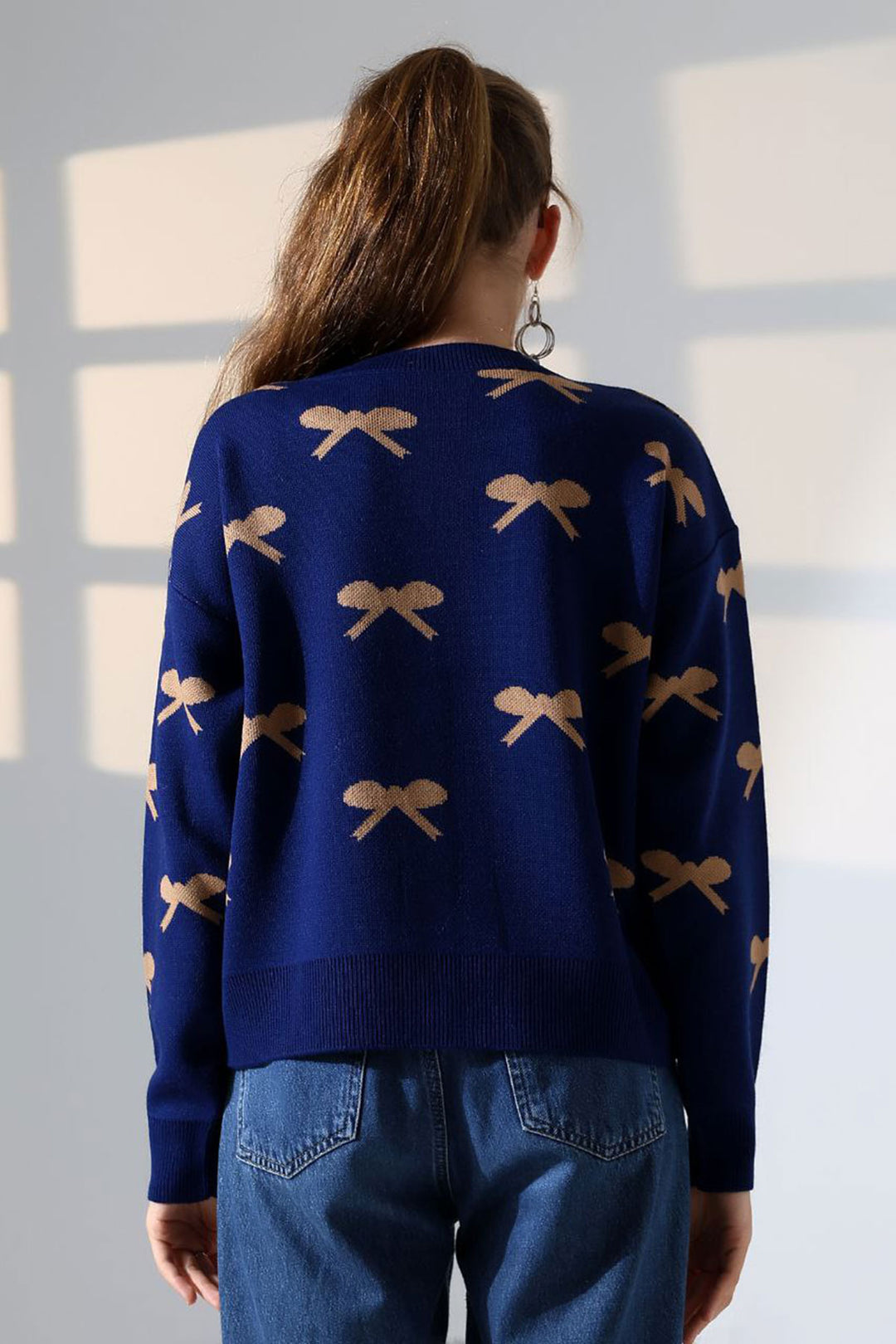 Navy Blue Bow Patterned Buttoned Cardigan BCES-252044 - Galaţi