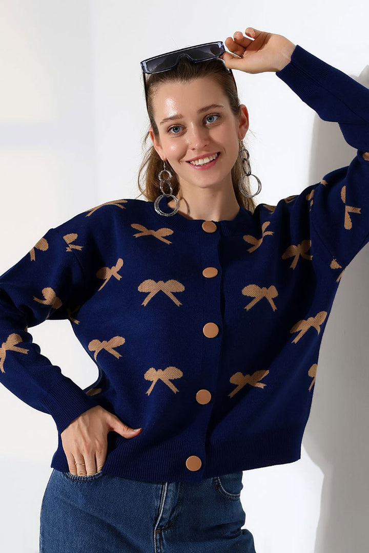 Navy Blue Bow Patterned Buttoned Cardigan BCES-252044 - Galaţi