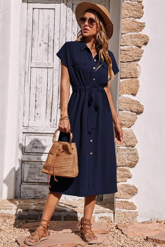 MDX Navy Blue Shirt Collar Long Dress MG1743 - Broken Arrow