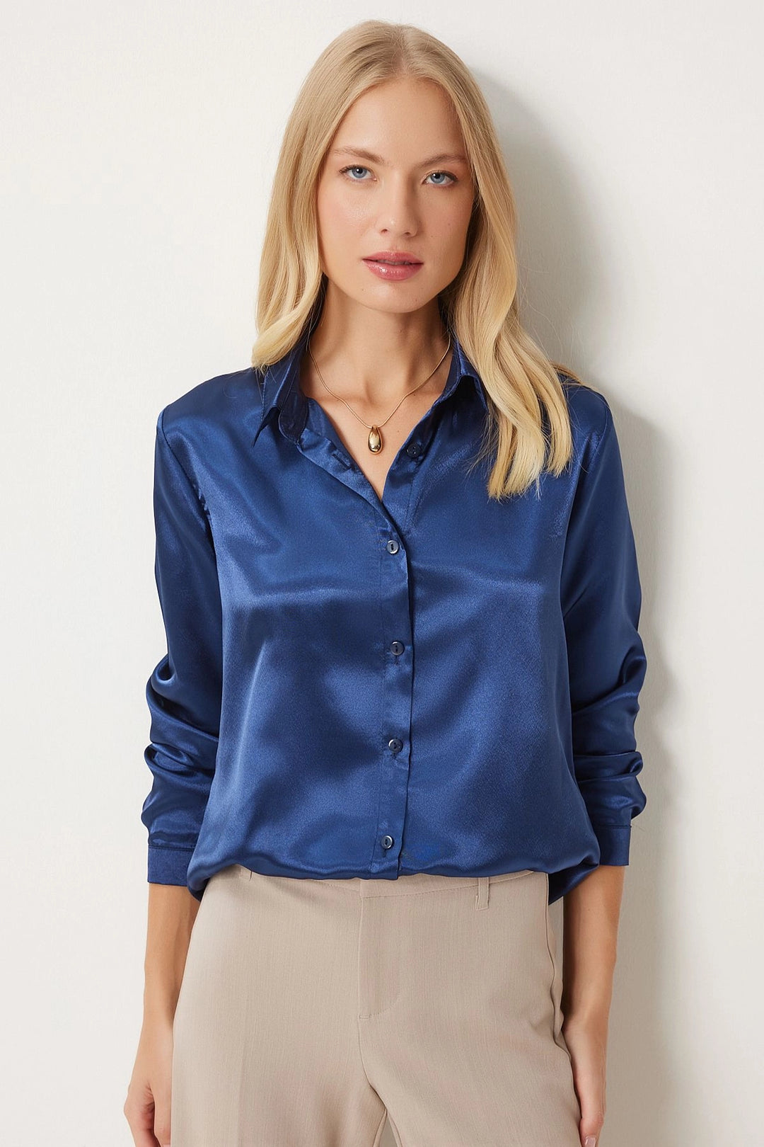 Navy Lightweight Draped Satin Surface Woven Shirt BC231050 - Torrente