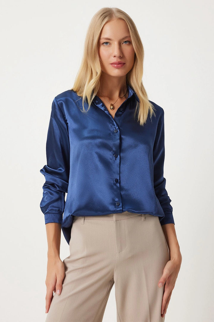 Navy Lightweight Draped Satin Surface Woven Shirt BC231050 - Torrente