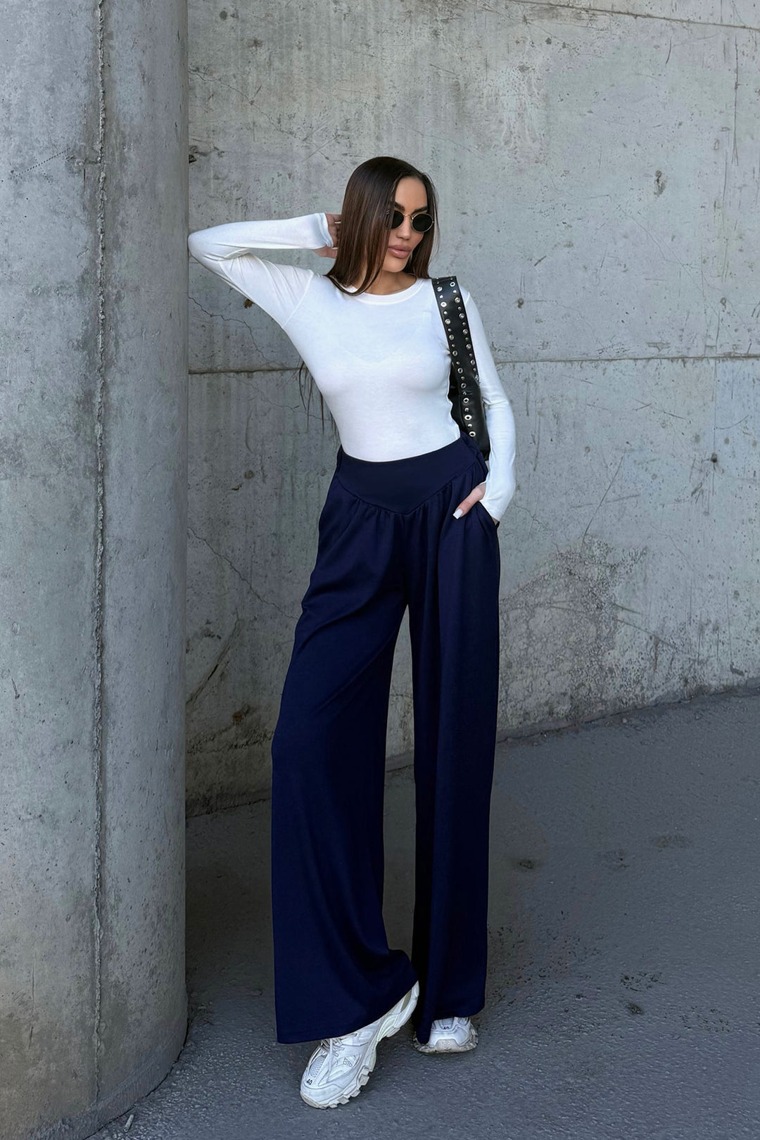 Navy Blue Spanish Flare Ultra Soft Fabric Trousers BCDF-25P0003 - Ixhuatlán de Madero