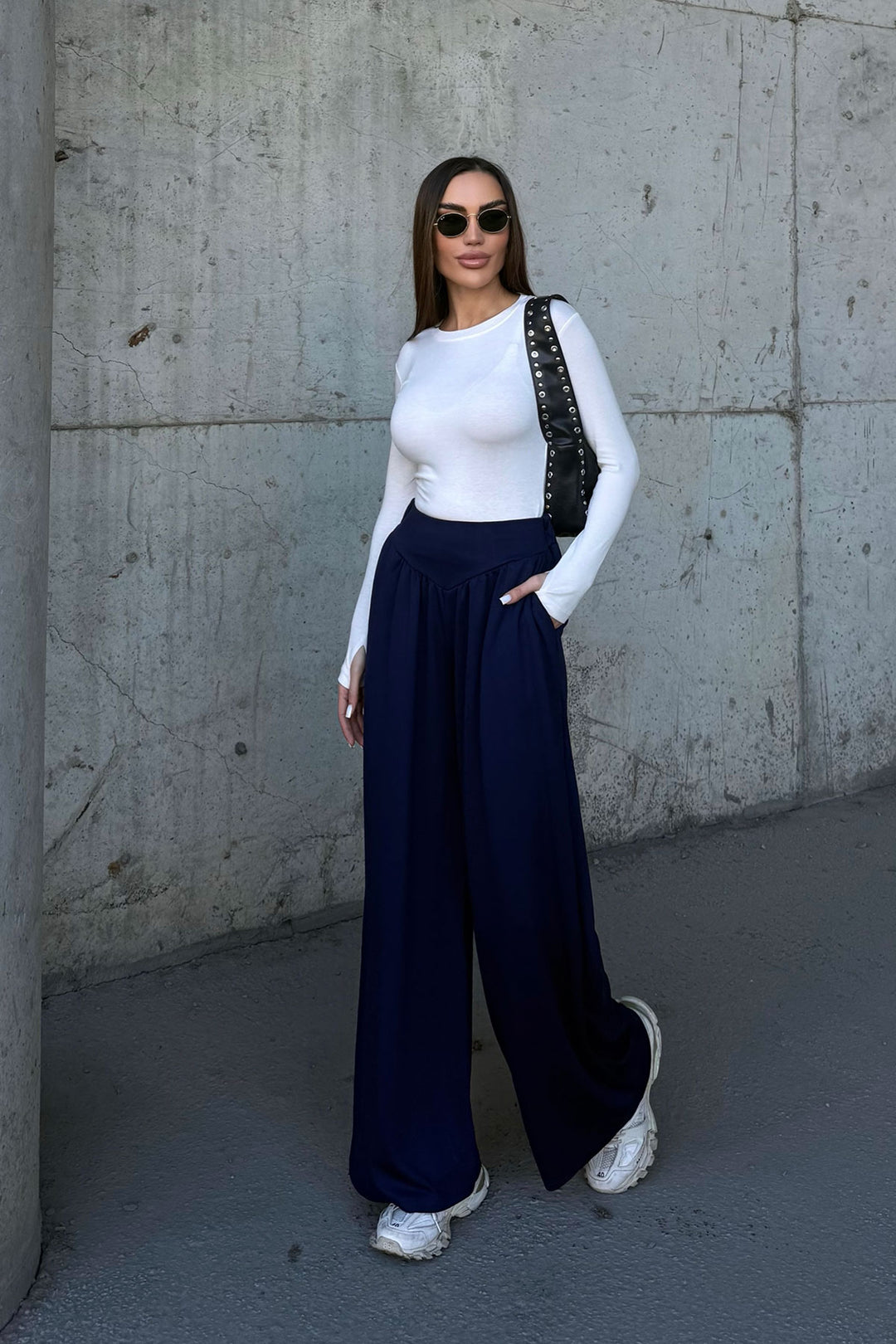 Navy Blue Spanish Flare Ultra Soft Fabric Trousers BCDF-25P0003 - Ixhuatlán de Madero