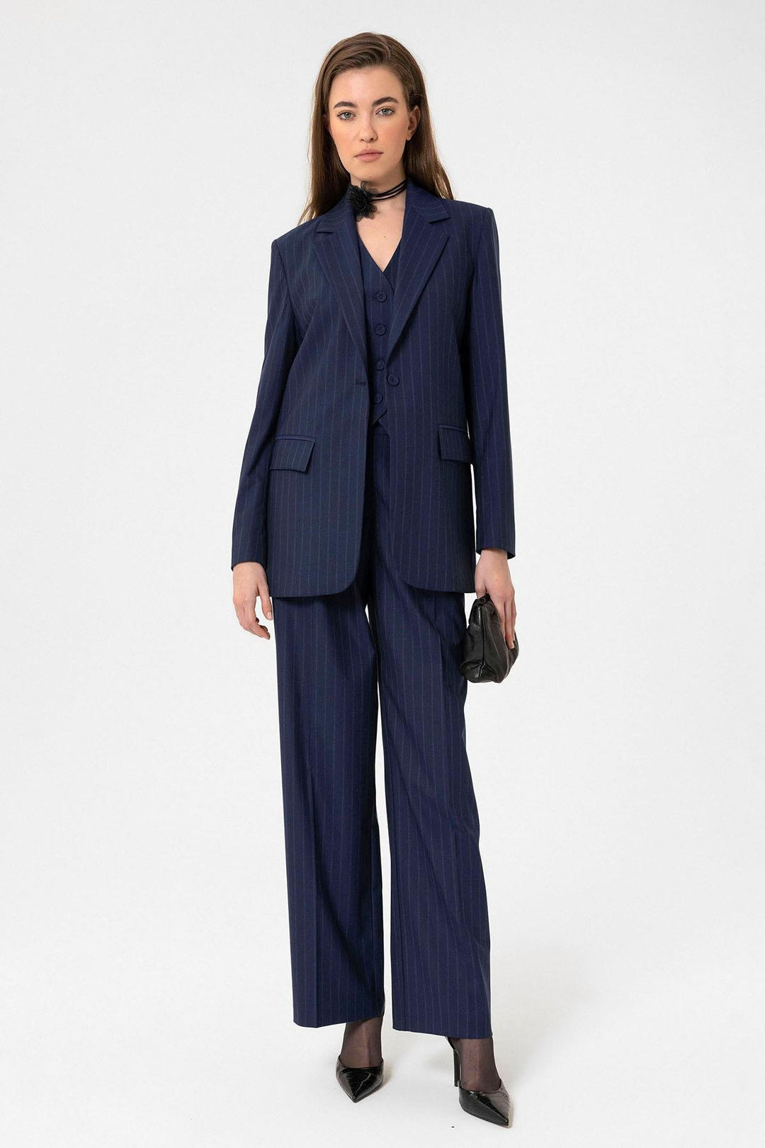 ANT Antioch Lacivert Kadın Çizgili Düğme Kapama Yelek - Fruit Cove