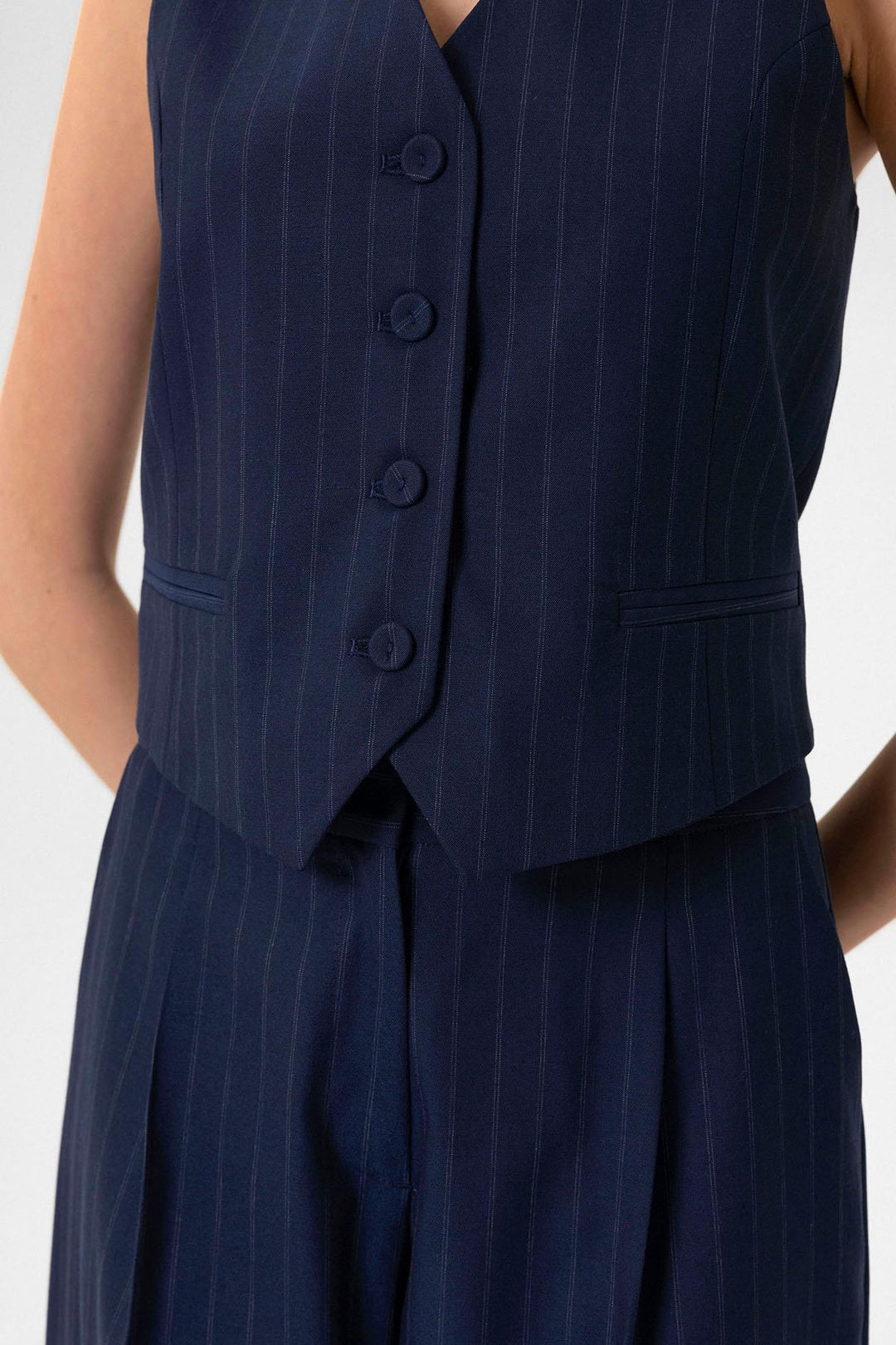 ANT Antioch Lacivert Kadın Çizgili Düğme Kapama Yelek - Fruit Cove