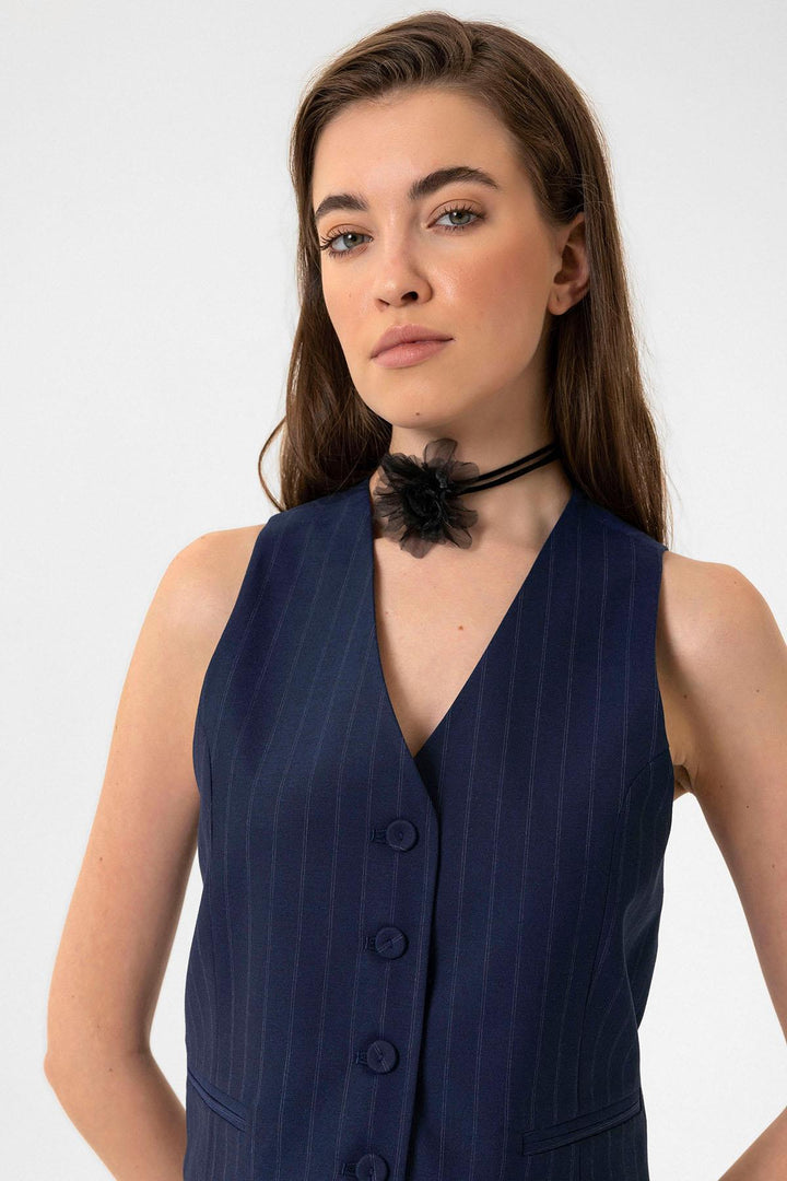 ANT Antioch Lacivert Kadın Çizgili Düğme Kapama Yelek - Fruit Cove