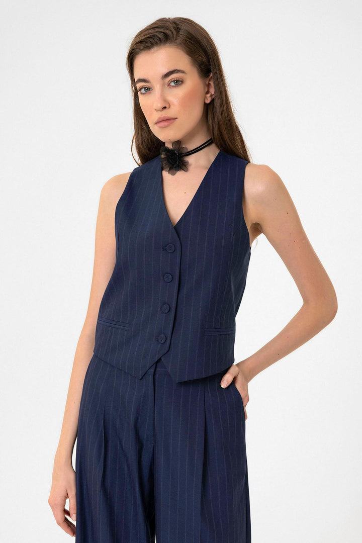 ANT Antioch Lacivert Kadın Çizgili Düğme Kapama Yelek - Fruit Cove