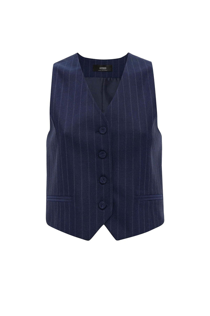 ANT Antioch Navy Blue Women's Striped Button Closure Vest - Brescia